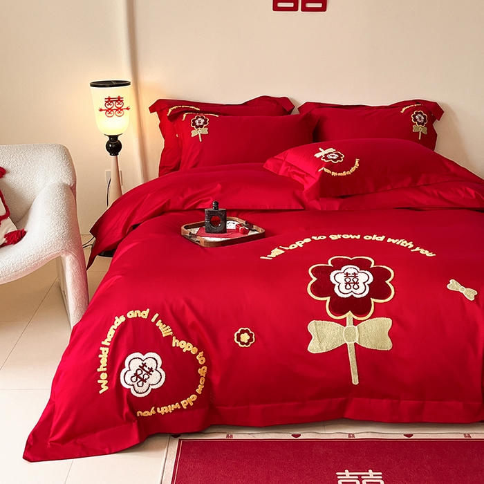 91家纺网 家纺一手货源 找家纺 置顶家纺 2025新款亲肤磨毛刺绣婚庆四件套系列-实拍 合美-大红