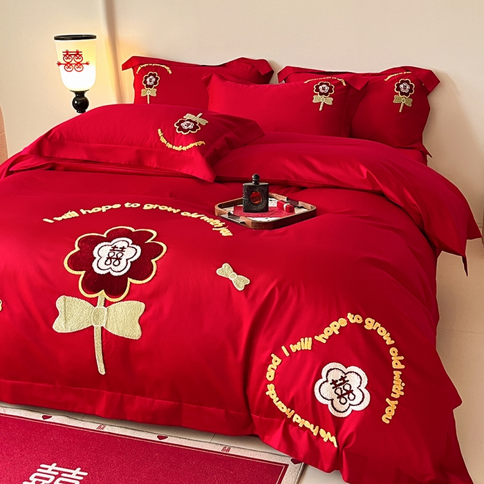 91家纺网 家纺一手货源 找家纺 置顶家纺 2025新款亲肤磨毛刺绣婚庆四件套系列-实拍 合美-大红