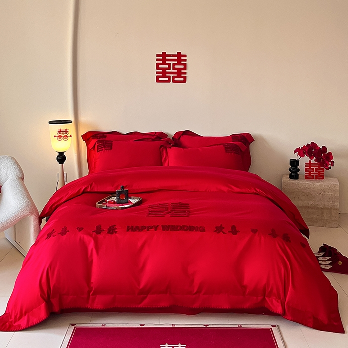 置顶家纺 2025新款亲肤磨毛刺绣婚庆四件套系列-实拍 欢喜.喜乐-大红