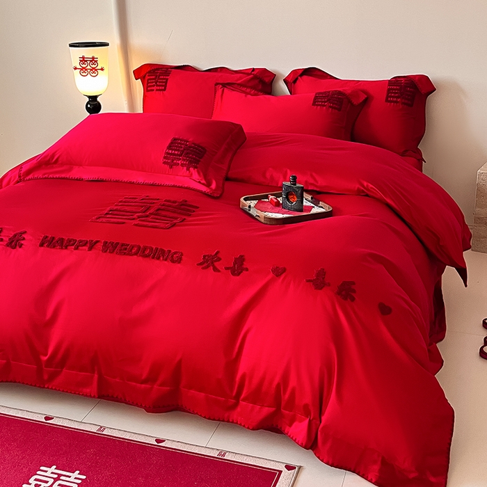 91家纺网 家纺一手货源 找家纺 置顶家纺 2025新款亲肤磨毛刺绣婚庆四件套系列-实拍 欢喜.喜乐-大红