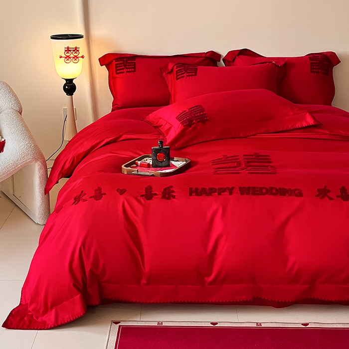 91家纺网 家纺一手货源 找家纺 置顶家纺 2025新款亲肤磨毛刺绣婚庆四件套系列-实拍 欢喜.喜乐-大红