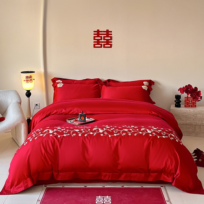 置顶家纺 2025新款亲肤磨毛刺绣婚庆四件套系列-实拍 金玉满堂-大红