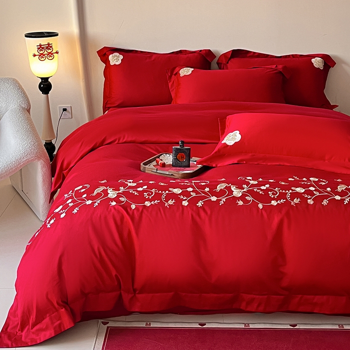 91家纺网 家纺一手货源 找家纺 置顶家纺 2025新款亲肤磨毛刺绣婚庆四件套系列-实拍 金玉满堂-大红