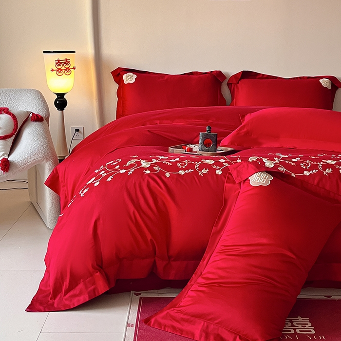 91家纺网 家纺一手货源 找家纺 置顶家纺 2025新款亲肤磨毛刺绣婚庆四件套系列-实拍 金玉满堂-大红