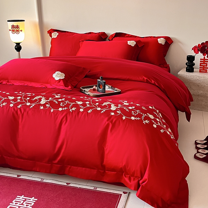 91家纺网 家纺一手货源 找家纺 置顶家纺 2025新款亲肤磨毛刺绣婚庆四件套系列-实拍 金玉满堂-大红