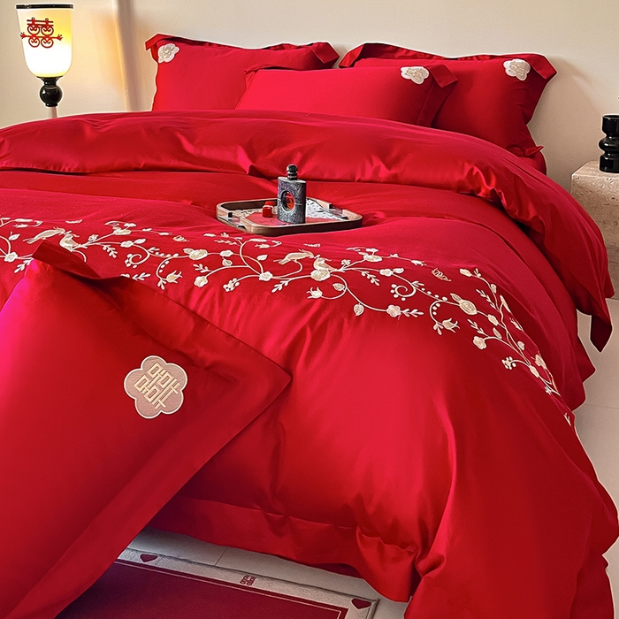 91家纺网 家纺一手货源 找家纺 置顶家纺 2025新款亲肤磨毛刺绣婚庆四件套系列-实拍 金玉满堂-大红