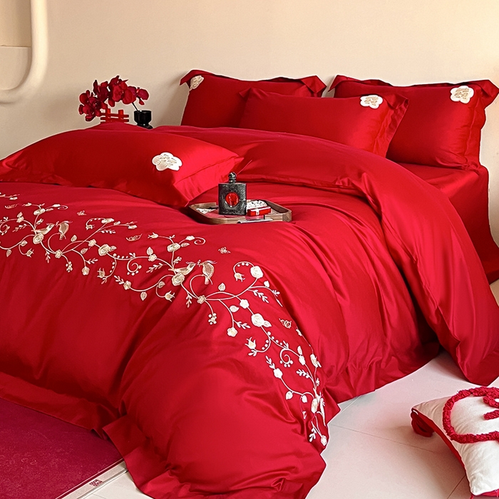 91家纺网 家纺一手货源 找家纺 置顶家纺 2025新款亲肤磨毛刺绣婚庆四件套系列-实拍 金玉满堂-大红