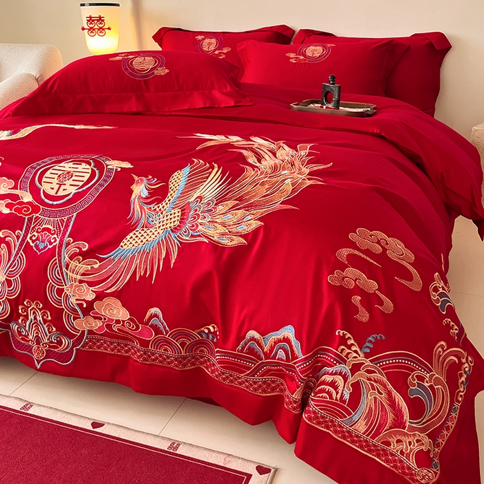 91家纺网 家纺一手货源 找家纺 置顶家纺 2025新款亲肤磨毛刺绣婚庆四件套系列-实拍 龙凤大喜-大红