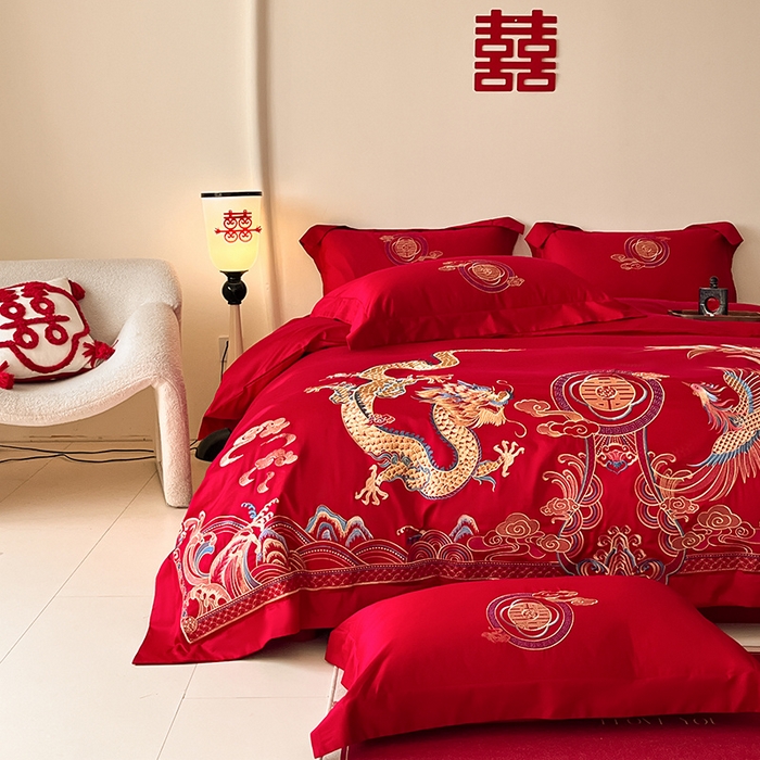 91家纺网 家纺一手货源 找家纺 置顶家纺 2025新款亲肤磨毛刺绣婚庆四件套系列-实拍 龙凤大喜-大红