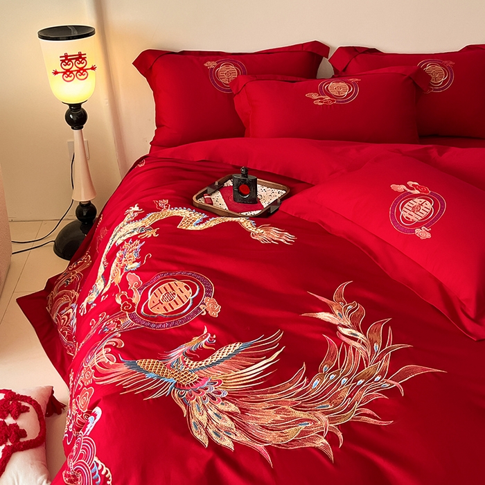 91家纺网 家纺一手货源 找家纺 置顶家纺 2025新款亲肤磨毛刺绣婚庆四件套系列-实拍 龙凤大喜-大红