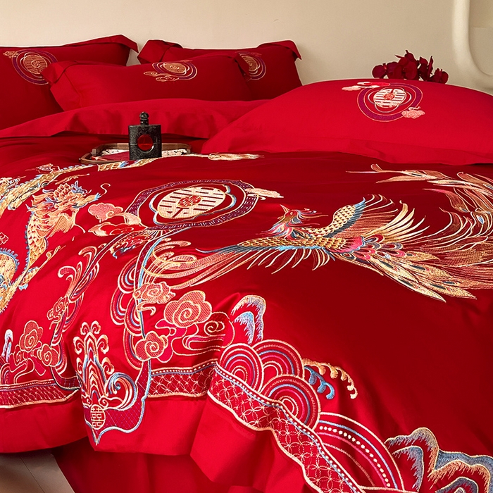 91家纺网 家纺一手货源 找家纺 置顶家纺 2025新款亲肤磨毛刺绣婚庆四件套系列-实拍 龙凤大喜-大红