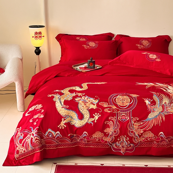 91家纺网 家纺一手货源 找家纺 置顶家纺 2025新款亲肤磨毛刺绣婚庆四件套系列-实拍 龙凤大喜-大红