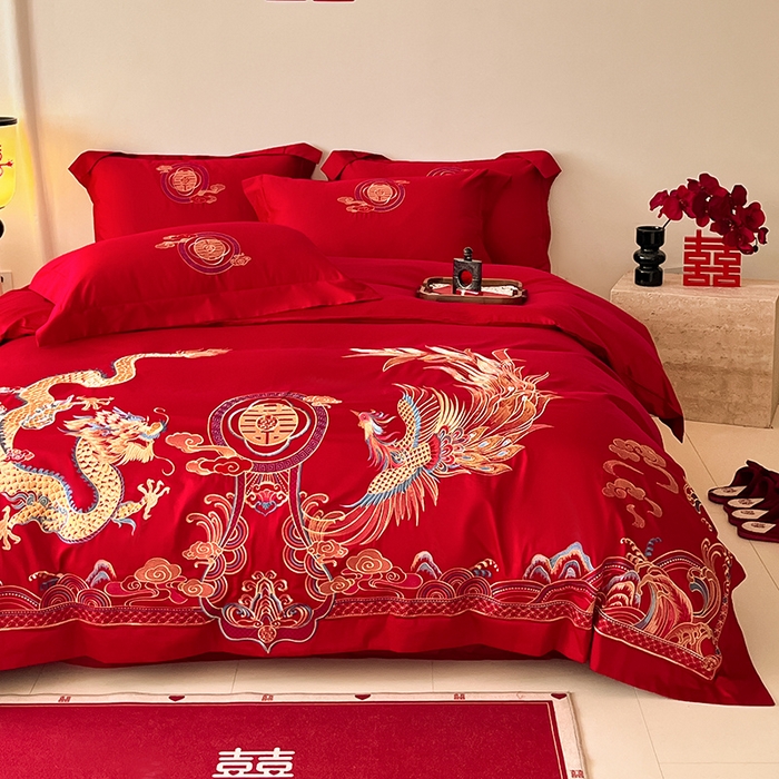 91家纺网 家纺一手货源 找家纺 置顶家纺 2025新款亲肤磨毛刺绣婚庆四件套系列-实拍 龙凤大喜-大红