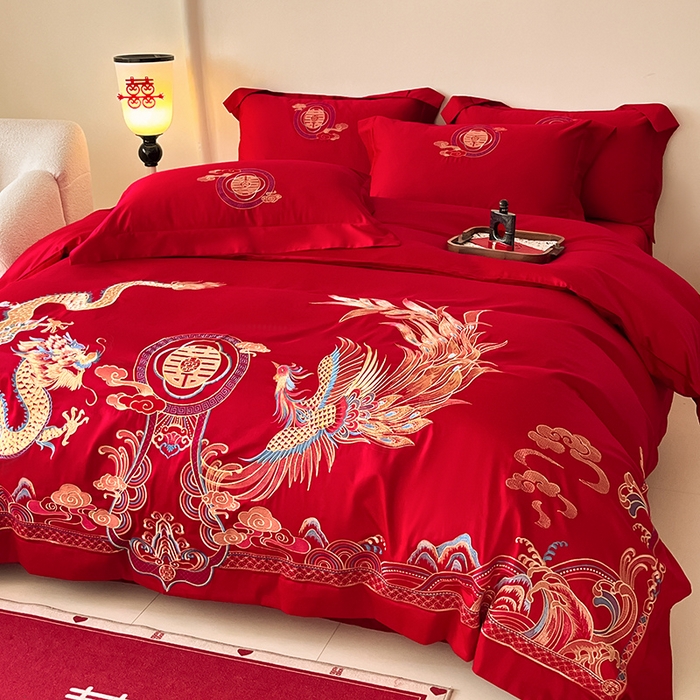 91家纺网 家纺一手货源 找家纺 置顶家纺 2025新款亲肤磨毛刺绣婚庆四件套系列-实拍 龙凤大喜-大红