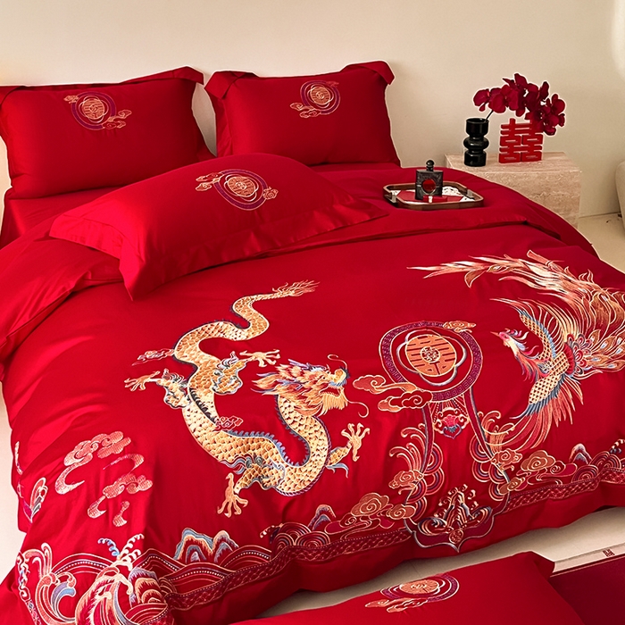 91家纺网 家纺一手货源 找家纺 置顶家纺 2025新款亲肤磨毛刺绣婚庆四件套系列-实拍 龙凤大喜-大红