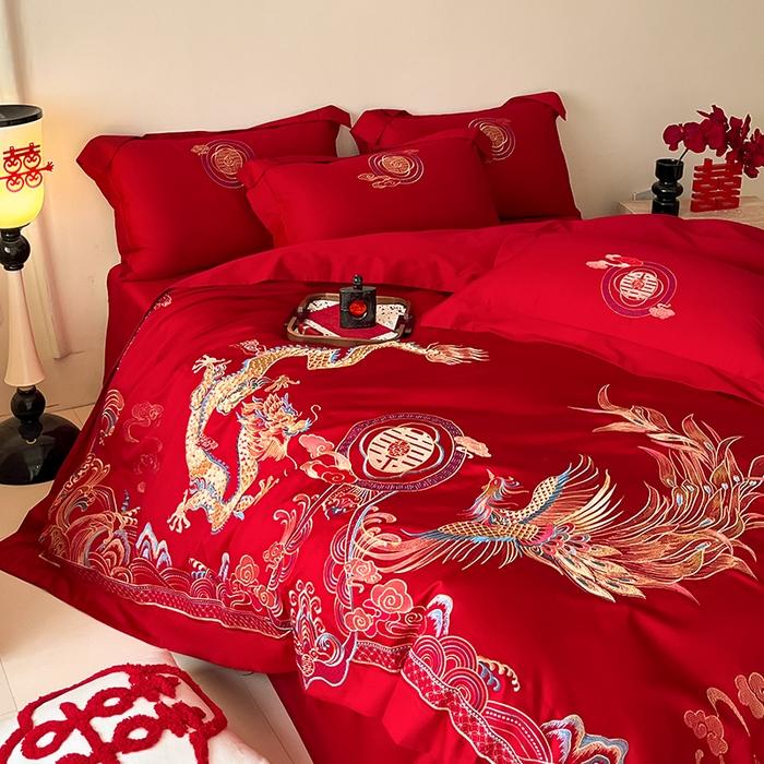 91家纺网 家纺一手货源 找家纺 置顶家纺 2025新款亲肤磨毛刺绣婚庆四件套系列-实拍 龙凤大喜-大红