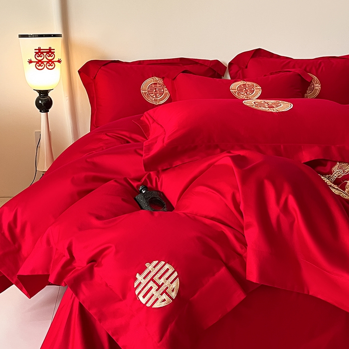 91家纺网 家纺一手货源 找家纺 置顶家纺 2025新款亲肤磨毛刺绣婚庆四件套系列-实拍 龙华凤贵-大红