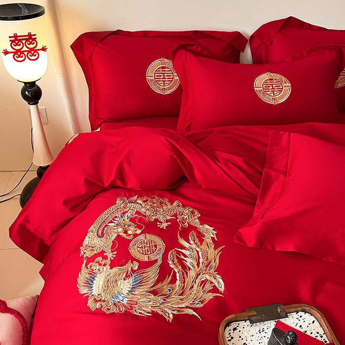 91家纺网 家纺一手货源 找家纺 置顶家纺 2025新款亲肤磨毛刺绣婚庆四件套系列-实拍 龙华凤贵-大红