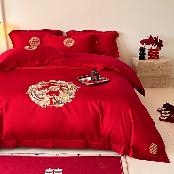 91家纺网 家纺一手货源 找家纺 置顶家纺 2025新款亲肤磨毛刺绣婚庆四件套系列-实拍 龙华凤贵-大红