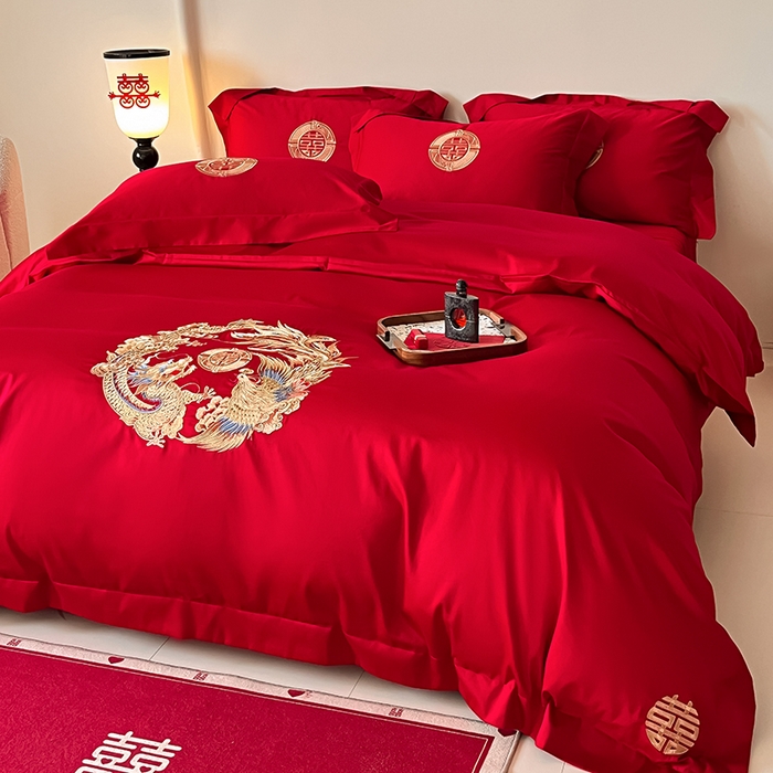 91家纺网 家纺一手货源 找家纺 置顶家纺 2025新款亲肤磨毛刺绣婚庆四件套系列-实拍 龙华凤贵-大红