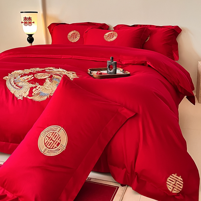 91家纺网 家纺一手货源 找家纺 置顶家纺 2025新款亲肤磨毛刺绣婚庆四件套系列-实拍 龙华凤贵-大红