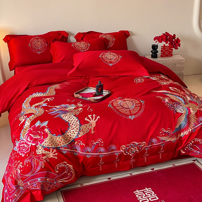 91家纺网 家纺一手货源 找家纺 置顶家纺 2025新款亲肤磨毛刺绣婚庆四件套系列-实拍 龙腾凤跃-大红