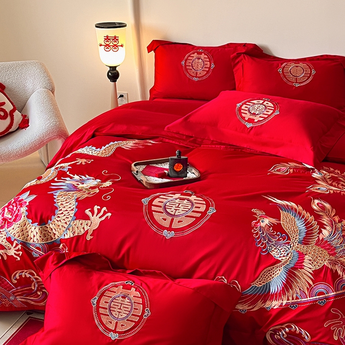 91家纺网 家纺一手货源 找家纺 置顶家纺 2025新款亲肤磨毛刺绣婚庆四件套系列-实拍 龙腾凤跃-大红