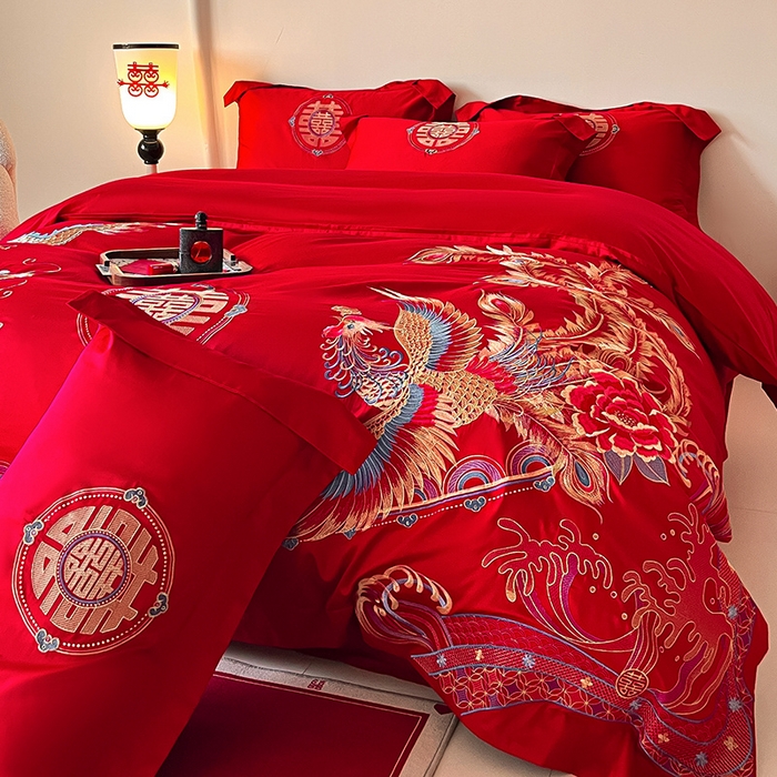 91家纺网 家纺一手货源 找家纺 置顶家纺 2025新款亲肤磨毛刺绣婚庆四件套系列-实拍 龙腾凤跃-大红