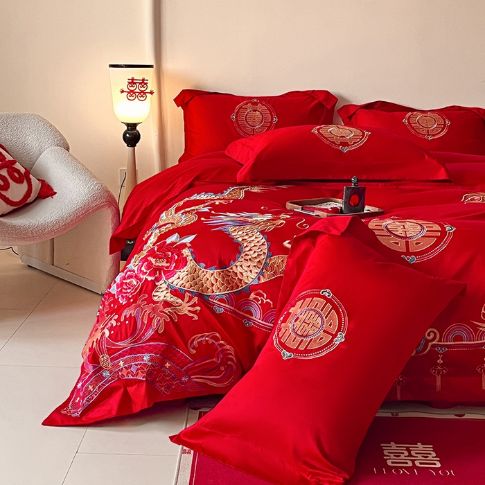 91家纺网 家纺一手货源 找家纺 置顶家纺 2025新款亲肤磨毛刺绣婚庆四件套系列-实拍 龙腾凤跃-大红