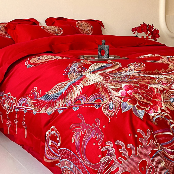 91家纺网 家纺一手货源 找家纺 置顶家纺 2025新款亲肤磨毛刺绣婚庆四件套系列-实拍 龙腾凤跃-大红