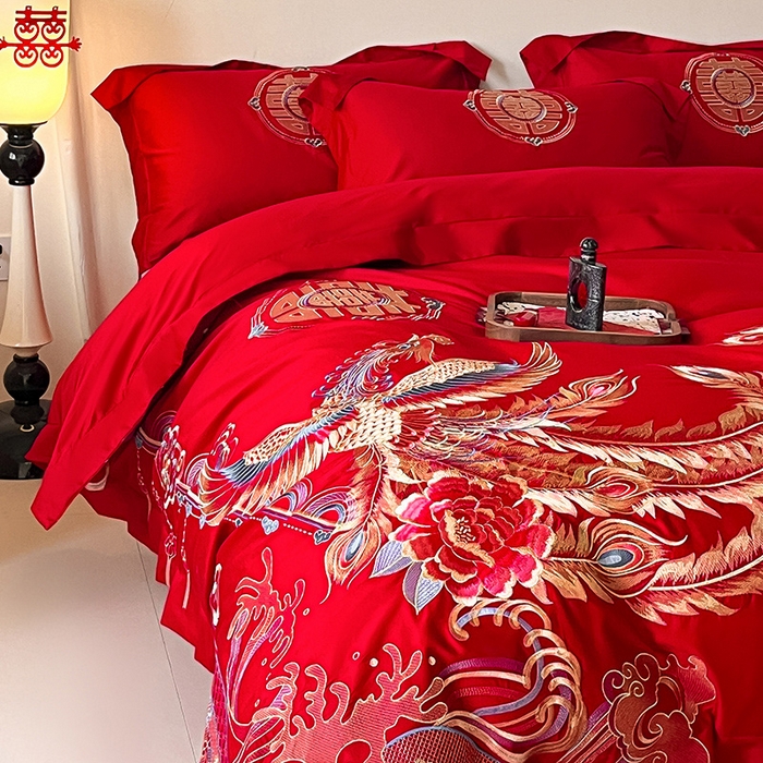 91家纺网 家纺一手货源 找家纺 置顶家纺 2025新款亲肤磨毛刺绣婚庆四件套系列-实拍 龙腾凤跃-大红