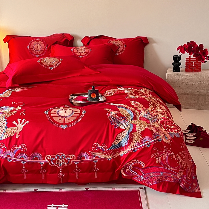 91家纺网 家纺一手货源 找家纺 置顶家纺 2025新款亲肤磨毛刺绣婚庆四件套系列-实拍 龙腾凤跃-大红