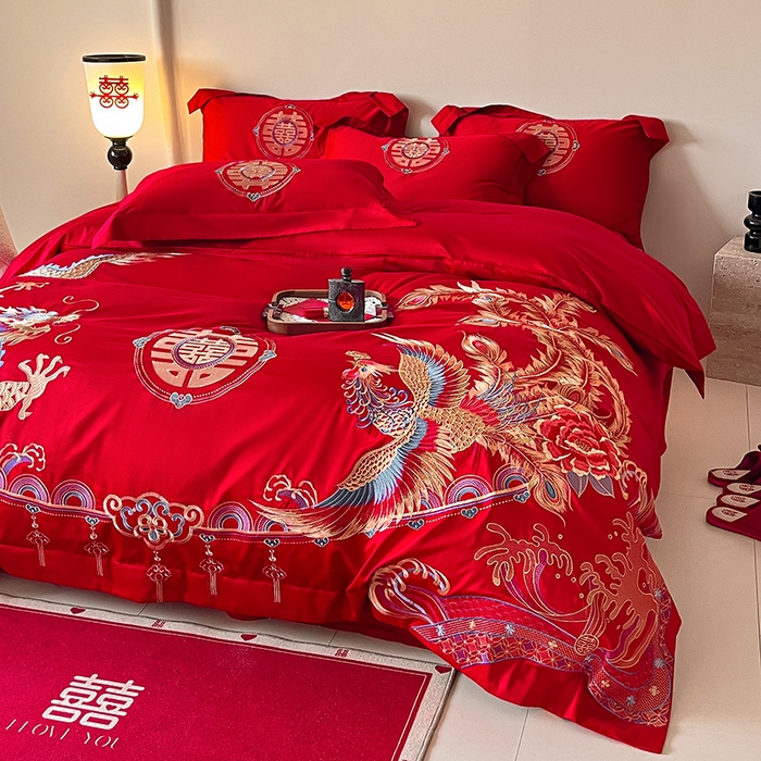 91家纺网 家纺一手货源 找家纺 置顶家纺 2025新款亲肤磨毛刺绣婚庆四件套系列-实拍 龙腾凤跃-大红