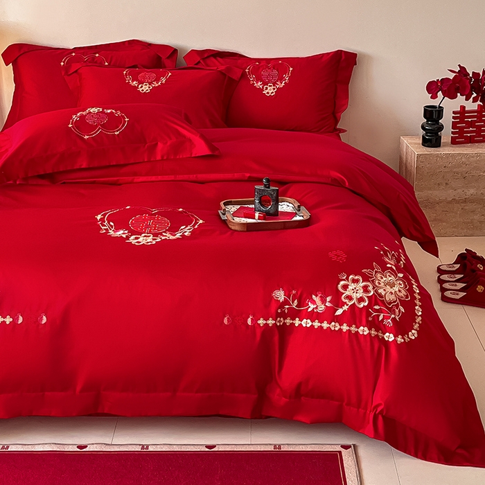 91家纺网 家纺一手货源 找家纺 置顶家纺 2025新款亲肤磨毛刺绣婚庆四件套系列-实拍 倾心-大红