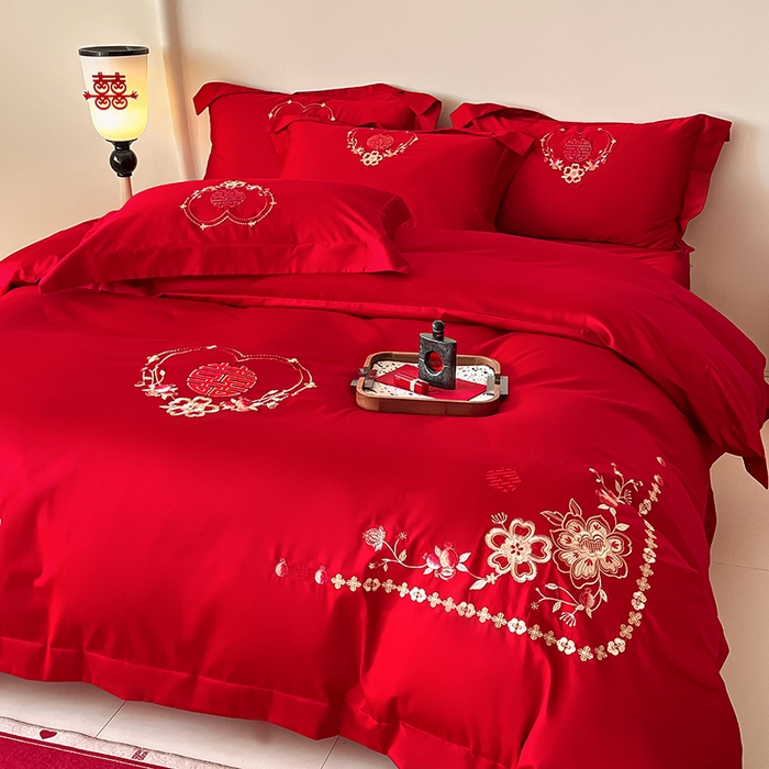 91家纺网 家纺一手货源 找家纺 置顶家纺 2025新款亲肤磨毛刺绣婚庆四件套系列-实拍 倾心-大红