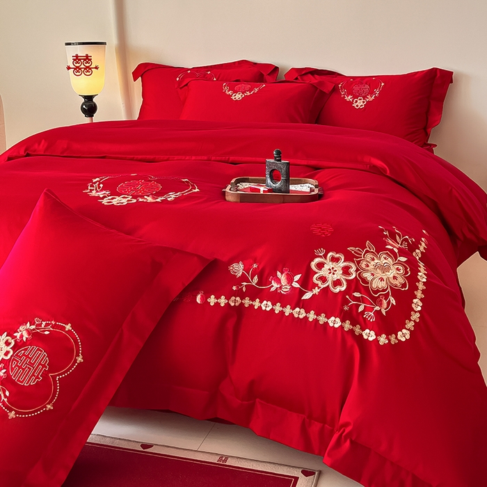 91家纺网 家纺一手货源 找家纺 置顶家纺 2025新款亲肤磨毛刺绣婚庆四件套系列-实拍 倾心-大红