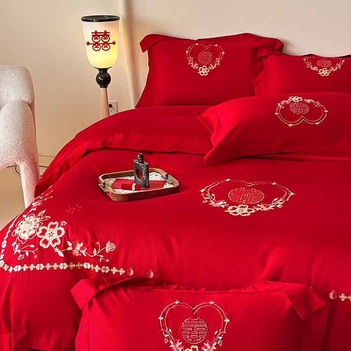 91家纺网 家纺一手货源 找家纺 置顶家纺 2025新款亲肤磨毛刺绣婚庆四件套系列-实拍 倾心-大红