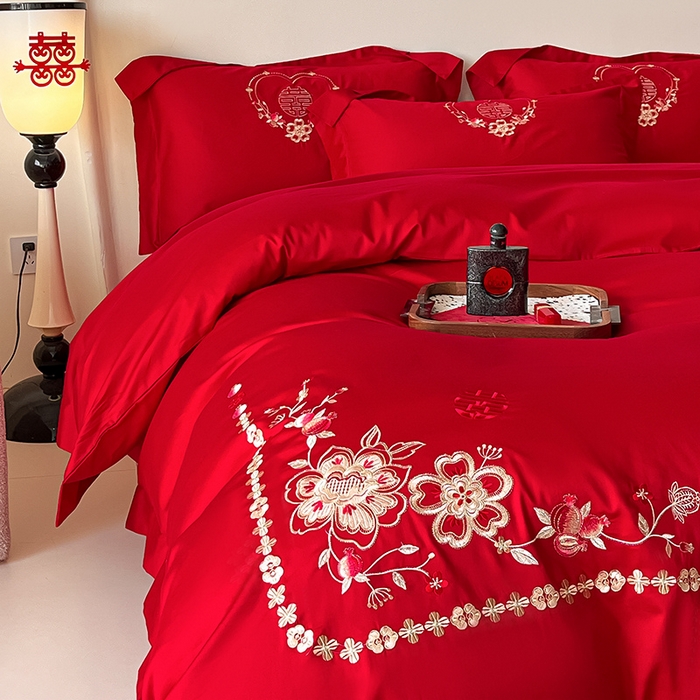 91家纺网 家纺一手货源 找家纺 置顶家纺 2025新款亲肤磨毛刺绣婚庆四件套系列-实拍 倾心-大红