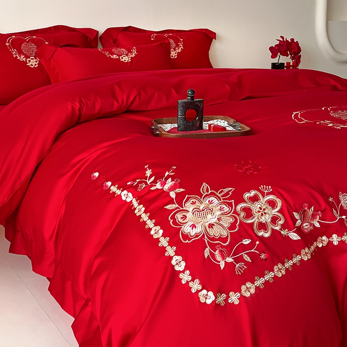 91家纺网 家纺一手货源 找家纺 置顶家纺 2025新款亲肤磨毛刺绣婚庆四件套系列-实拍 倾心-大红