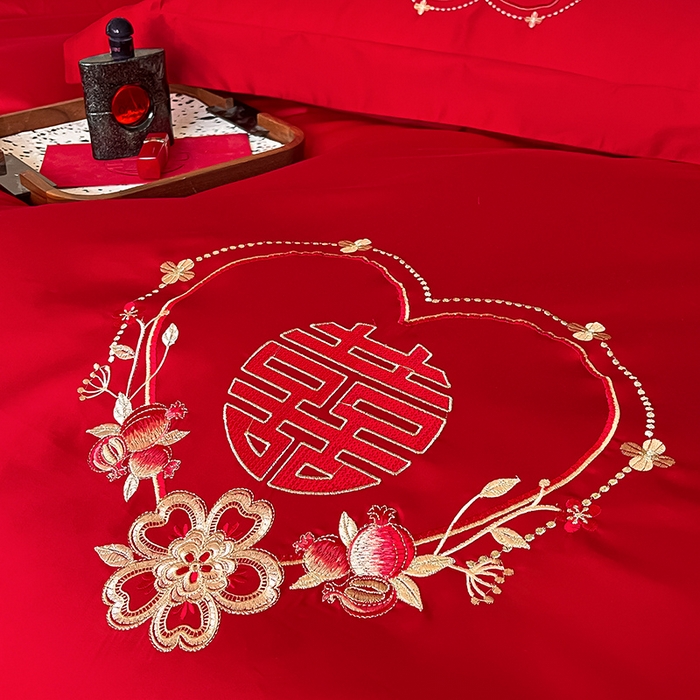 91家纺网 家纺一手货源 找家纺 置顶家纺 2025新款亲肤磨毛刺绣婚庆四件套系列-实拍 倾心-大红