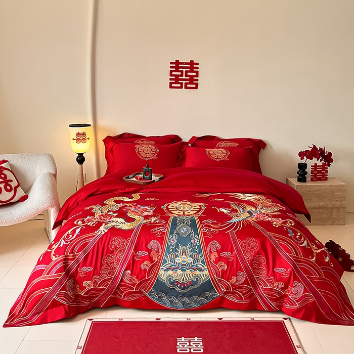置顶家纺 2025新款亲肤磨毛刺绣婚庆四件套系列-实拍 盛世龙凤-大红