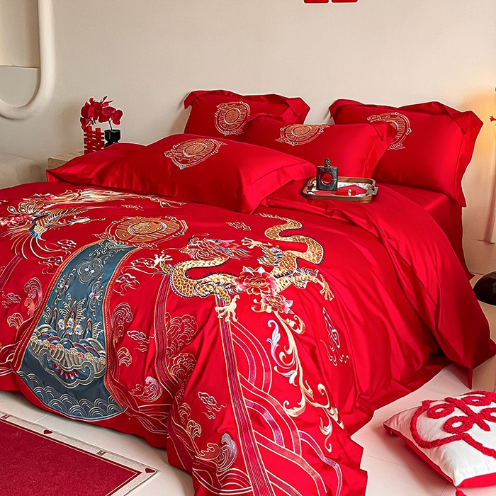 91家纺网 家纺一手货源 找家纺 置顶家纺 2025新款亲肤磨毛刺绣婚庆四件套系列-实拍 盛世龙凤-大红