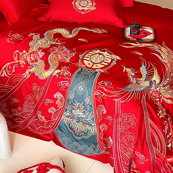 91家纺网 家纺一手货源 找家纺 置顶家纺 2025新款亲肤磨毛刺绣婚庆四件套系列-实拍 盛世龙凤-大红