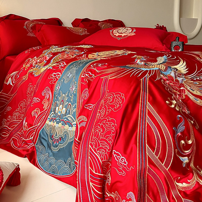 91家纺网 家纺一手货源 找家纺 置顶家纺 2025新款亲肤磨毛刺绣婚庆四件套系列-实拍 盛世龙凤-大红