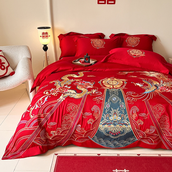 91家纺网 家纺一手货源 找家纺 置顶家纺 2025新款亲肤磨毛刺绣婚庆四件套系列-实拍 盛世龙凤-大红