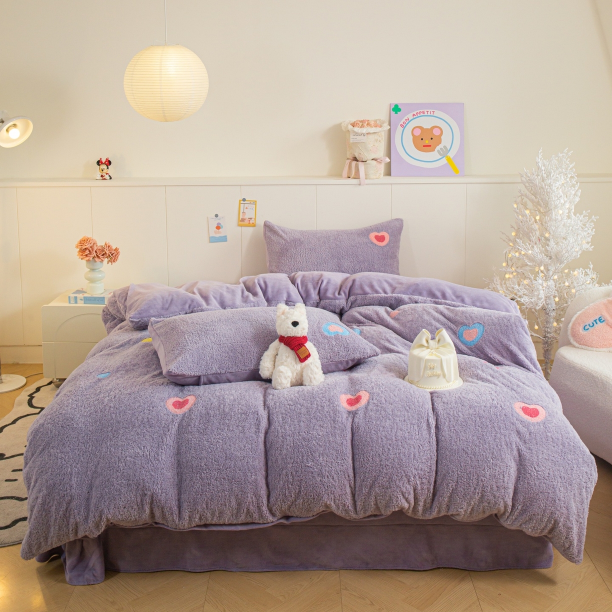91家纺网 家纺一手货源 找家纺 庭笙 2025新款高克重泰迪绒毛巾刺绣牛奶绒四件套 爱心-紫