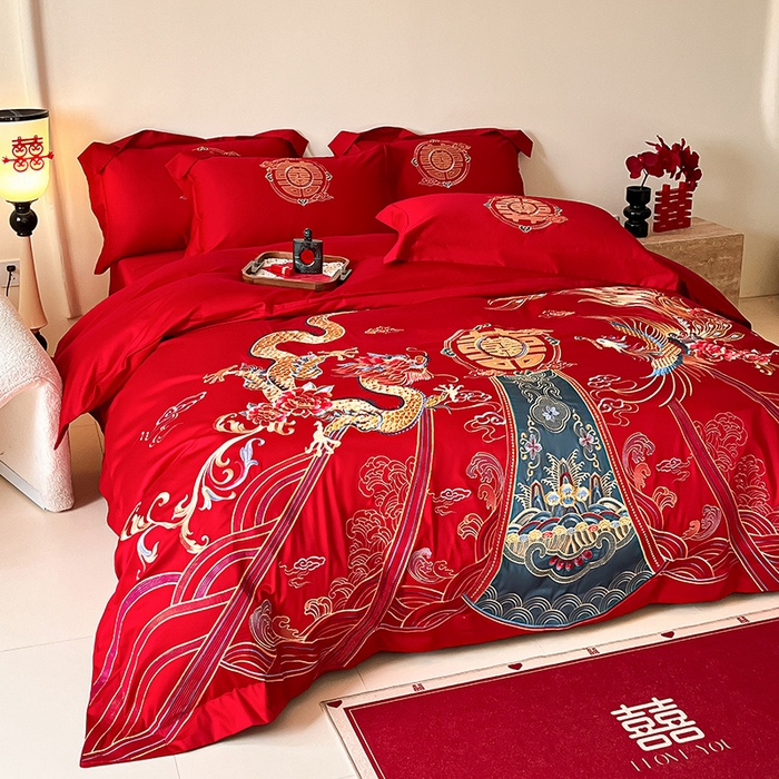 91家纺网 家纺一手货源 找家纺 置顶家纺 2025新款亲肤磨毛刺绣婚庆四件套系列-实拍 盛世龙凤-大红