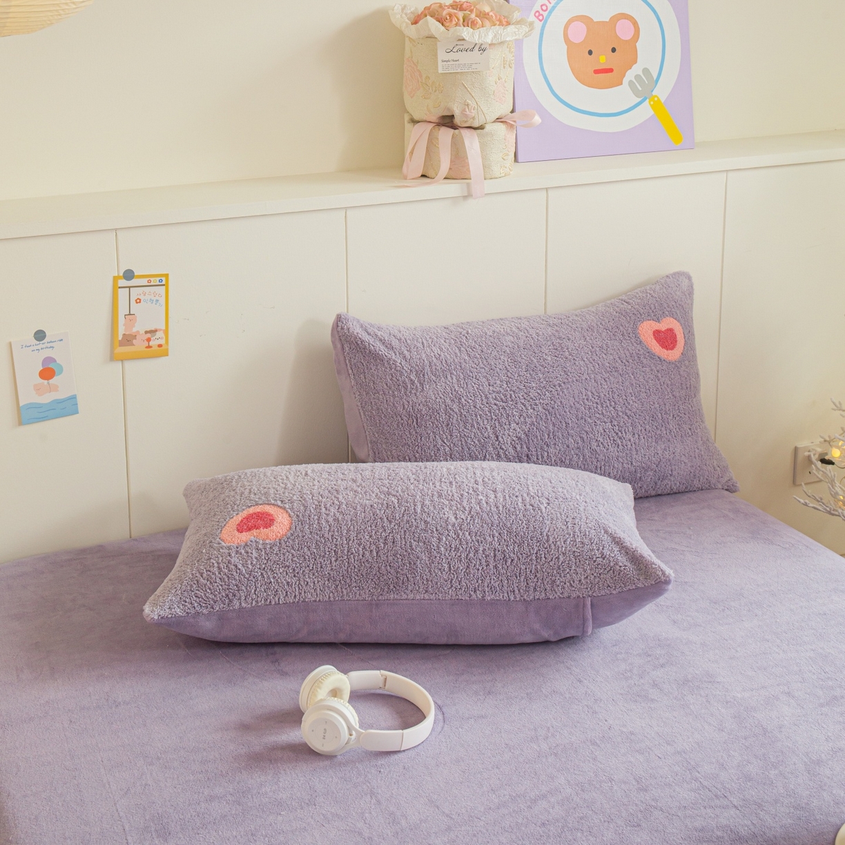 91家纺网 家纺一手货源 找家纺 庭笙 2025新款高克重泰迪绒毛巾刺绣牛奶绒四件套 爱心-紫