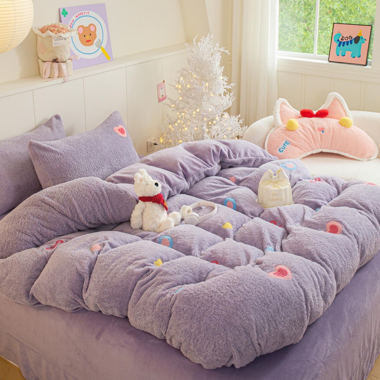 91家纺网 家纺一手货源 找家纺 庭笙 2025新款高克重泰迪绒毛巾刺绣牛奶绒四件套 爱心-紫