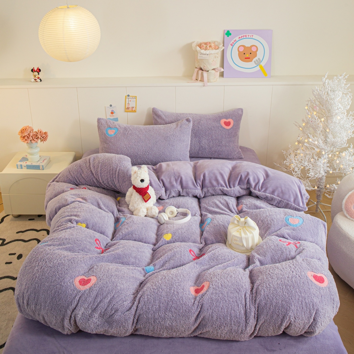 91家纺网 家纺一手货源 找家纺 庭笙 2025新款高克重泰迪绒毛巾刺绣牛奶绒四件套 爱心-紫